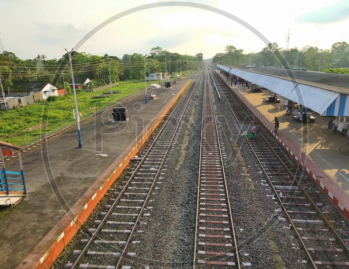 Indian Rural Village Railway Station Platform With Empty Tracks