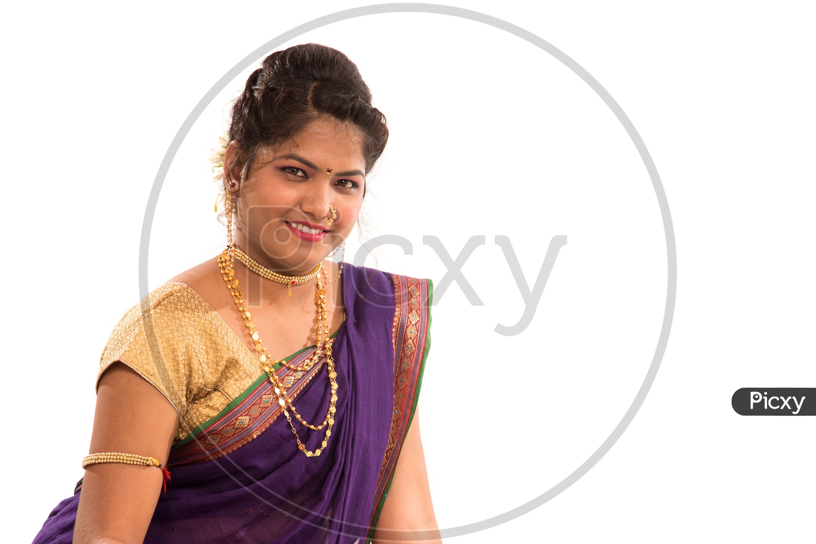 Portrait Of Traditional Indian Marathi Woman With Smile Face On An Isolated White Background