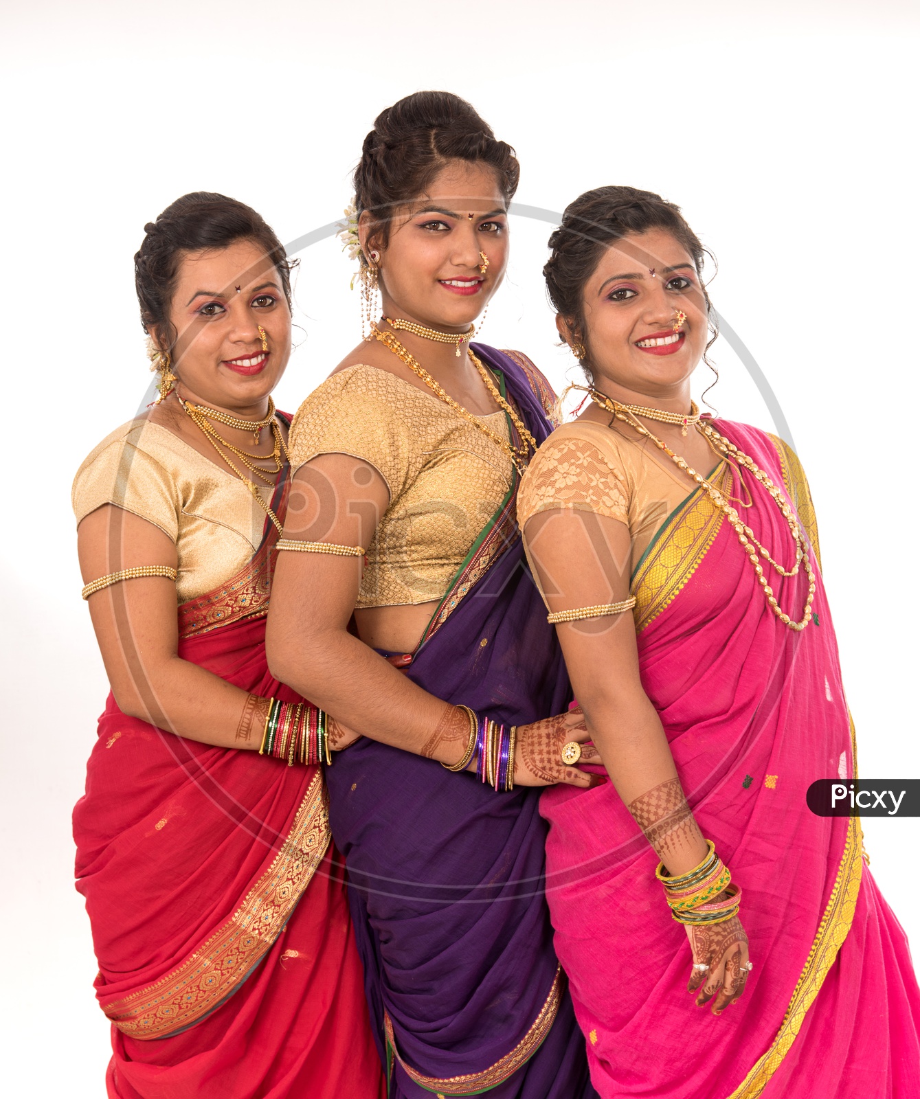 Portrait Of a Young Traditional Marathi Woman or Sisters Wearing an Elegant Sari And Posing With Smile Face And With Expression  On an Isolated White Background