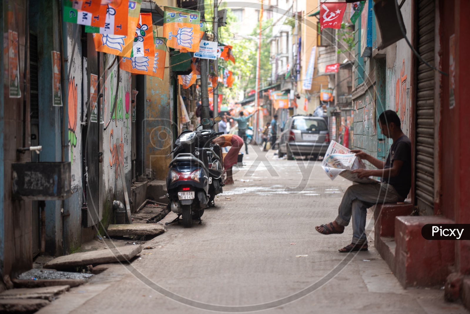 A Street in Howrah With Political Party Flags  Tagged As a Part Of Election Campaign For lok Sabha General Elections 2019