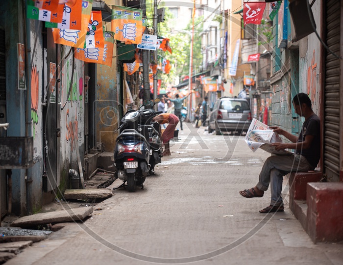 A Street in Howrah With Political Party Flags  Tagged As a Part Of Election Campaign For lok Sabha General Elections 2019