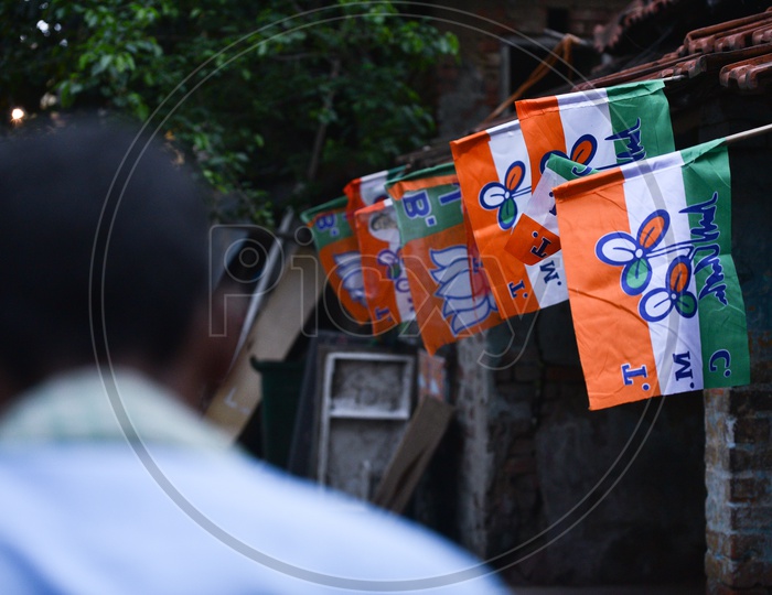 Trinamool Congress Party Flags Tagged On the Streets Of Kolkata As a Part of Election Campaign