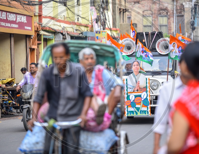 Trinamool Congress Party Election Campaign Vehicles On the Streets Of Kolkata