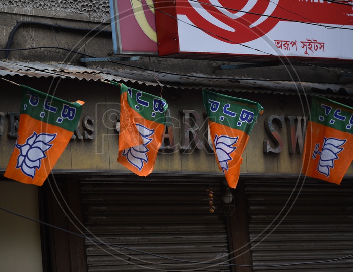 BJP Party Flags  Tagged On the Streets as A  Part Of Election Campaign in west Bengal