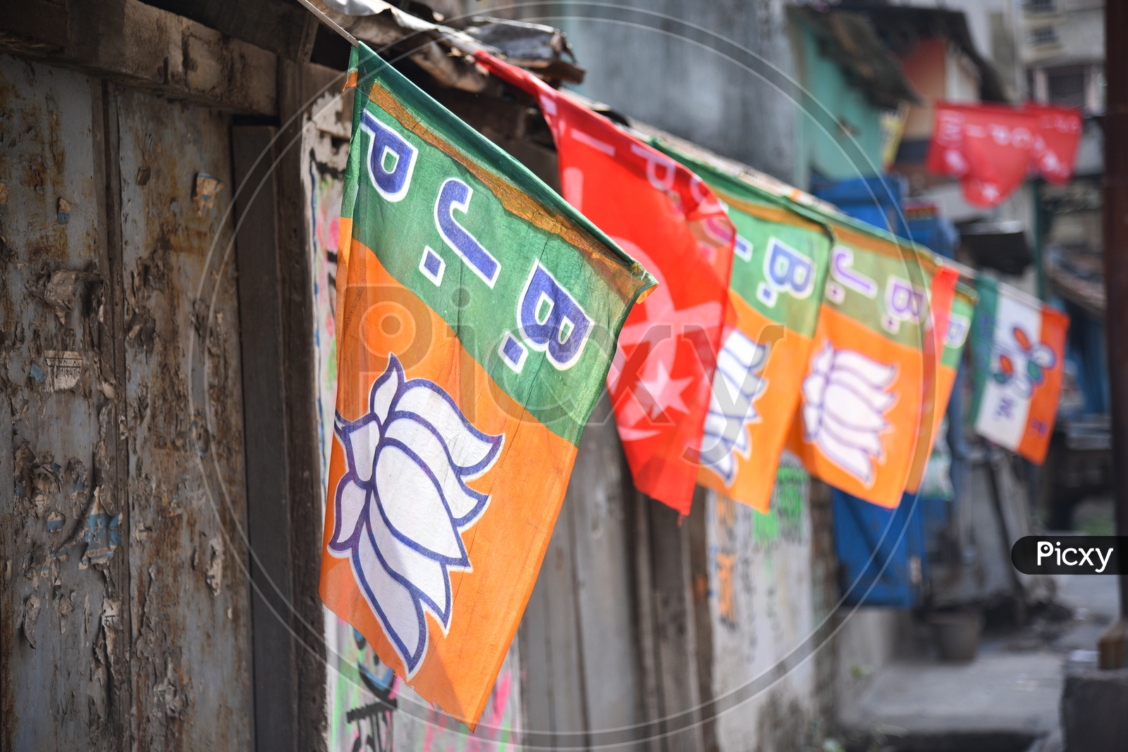 Political Party Flags on a Street During Election Campaign