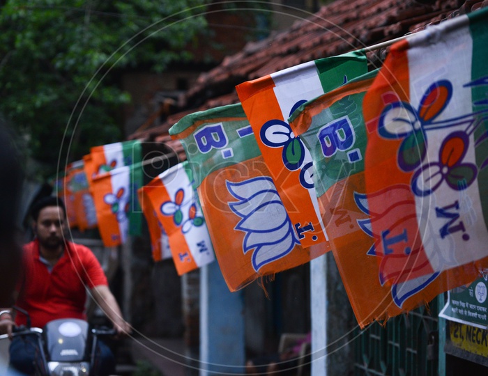Political Party Flags Tagged On The Streets of Kolkata As a Part of Election Campaign