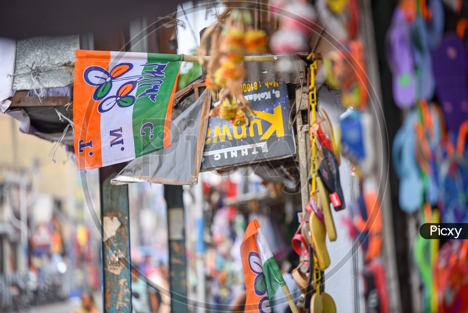 Trinamool Congress  ( TMC ) Party Flags Tagged On the Streets For Election Campaign