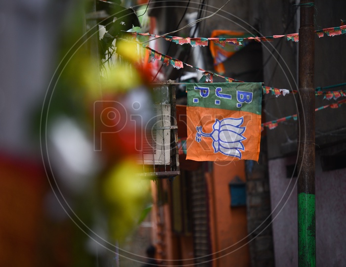 BJP Party Flags  Tagged On the Streets as A  Part Of Election Campaign in west Bengal