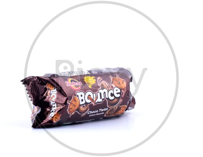 Sunfeast Bounce Chocolate Creme Biscuits Packet On an Isolated White Background