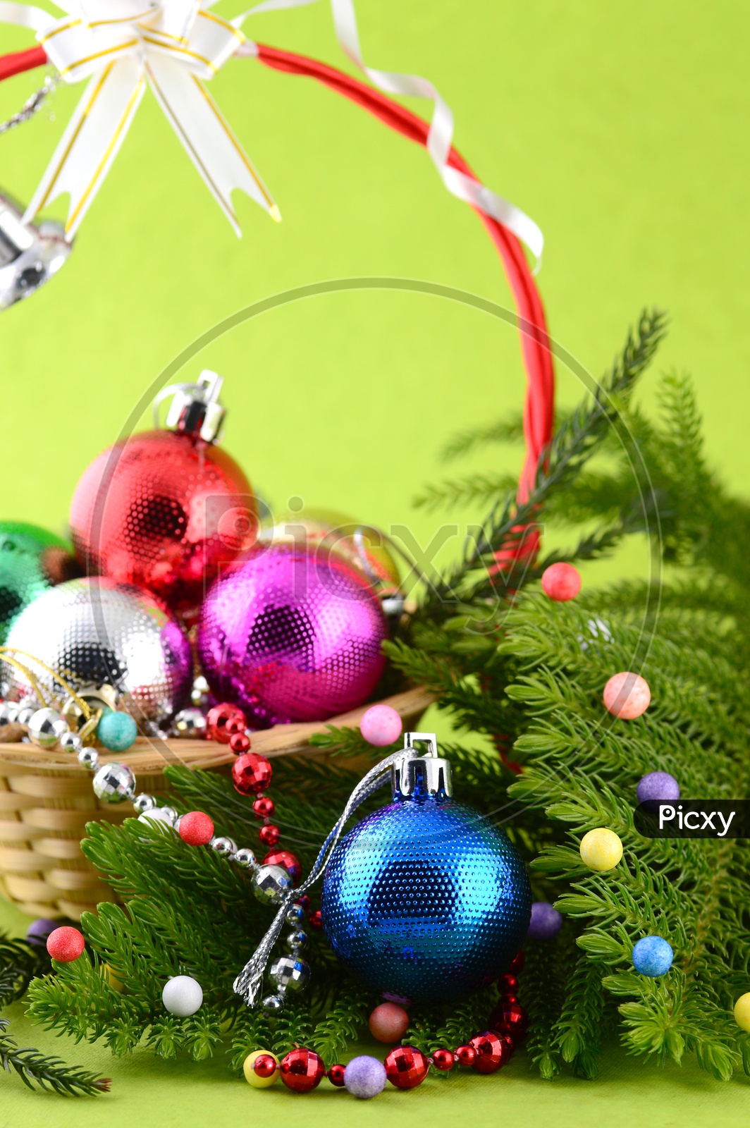 Christmas Decoration: Christmas ball and ornaments with the branch of Christmas tree