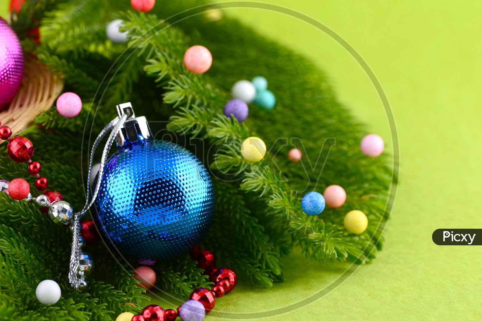 Christmas Decoration: Christmas ball and ornaments with the branch of Christmas tree