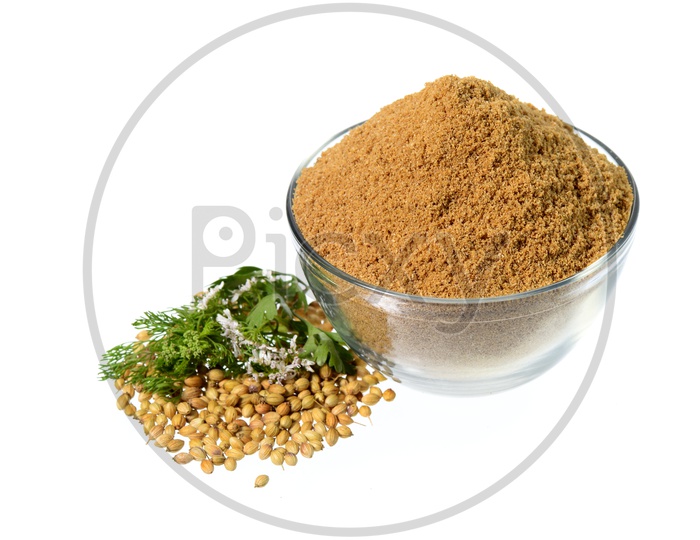 Coriander seeds, Fresh Coriander and Powdered coriander in a  Glass Bowl  On an  Isolated White Background