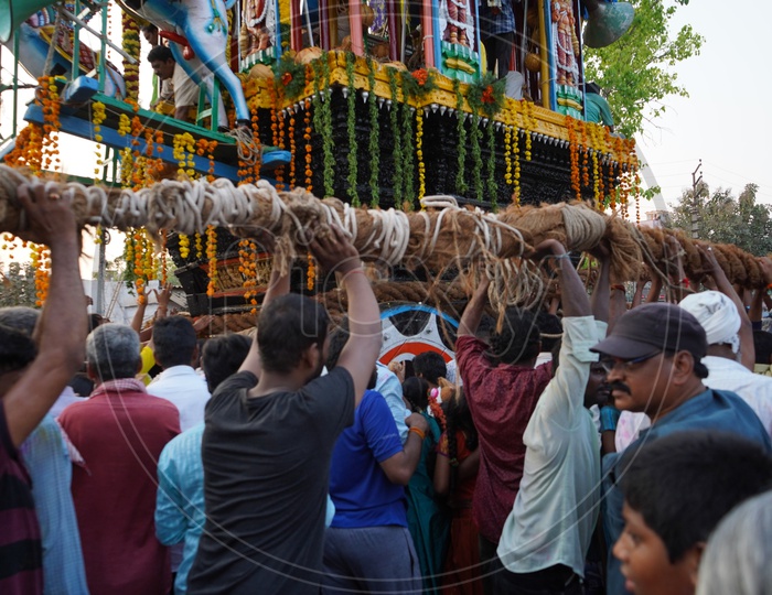 Hindu Devotees Pulling The Wooden Chariot of Sri Panakala Lakshmi Narasimha Swamy