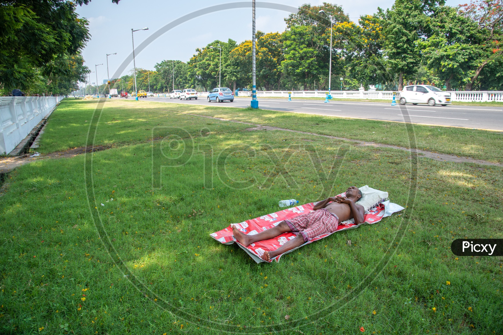 A homeless Man Sleeping On The Lawn Besides Res Road