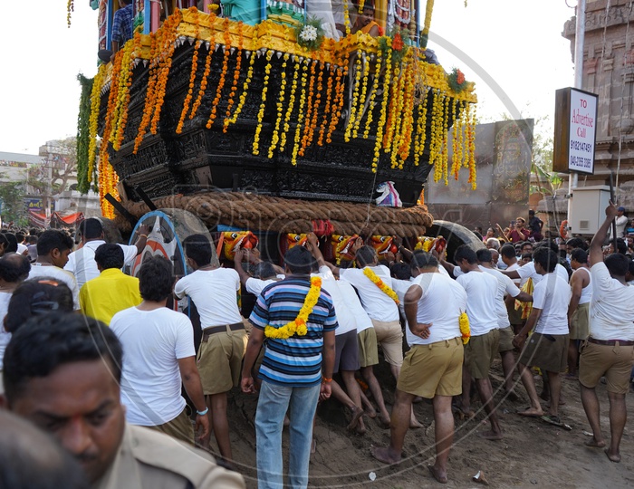 Indian Devotees Pulling The Chariot Of a Hindu God  Sri Panakala Lakshmi Narasimha Swamy at a Procession