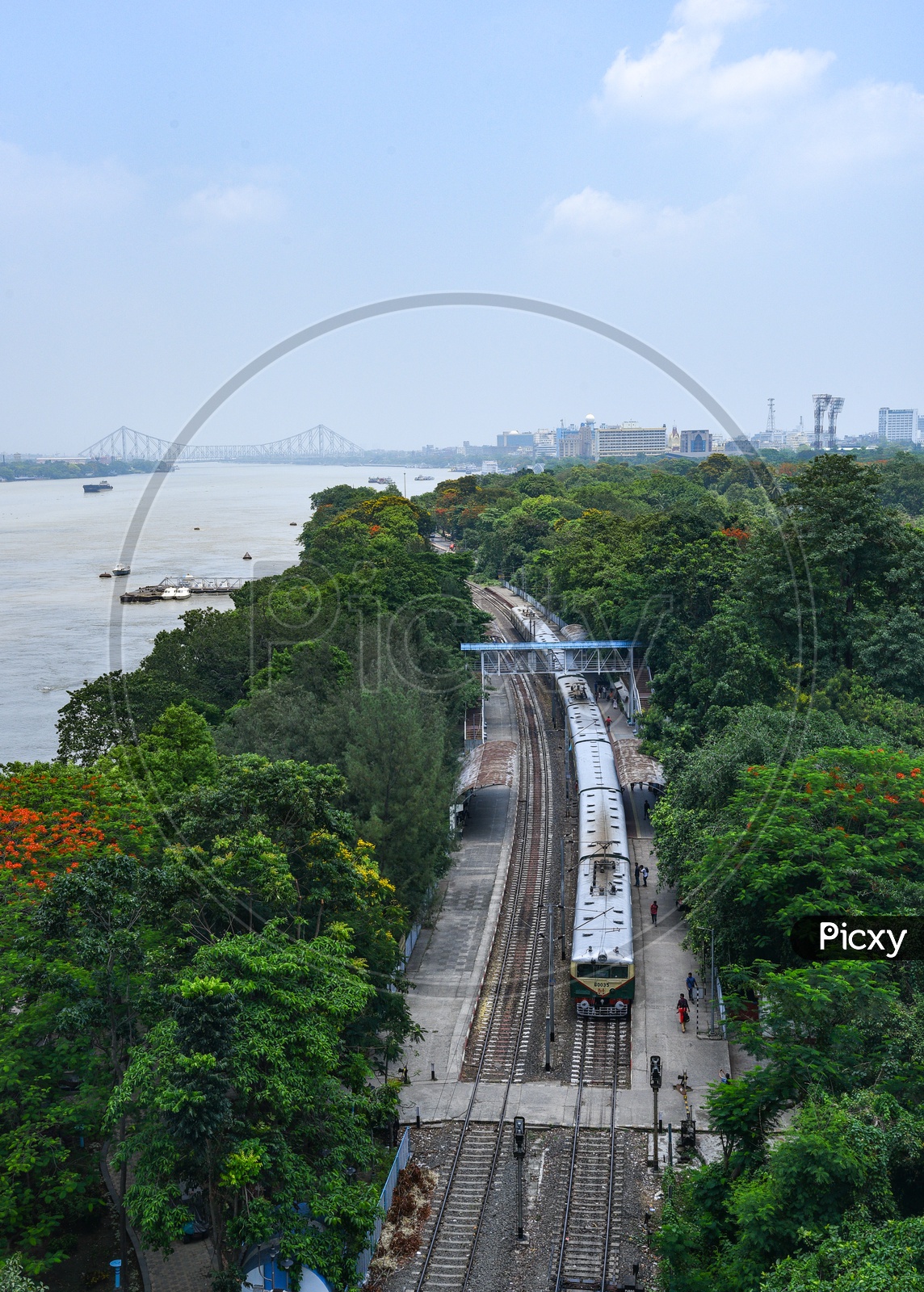 Aerial View Of Kolkata Local Train Station  At princep Ghat besides hooghly River