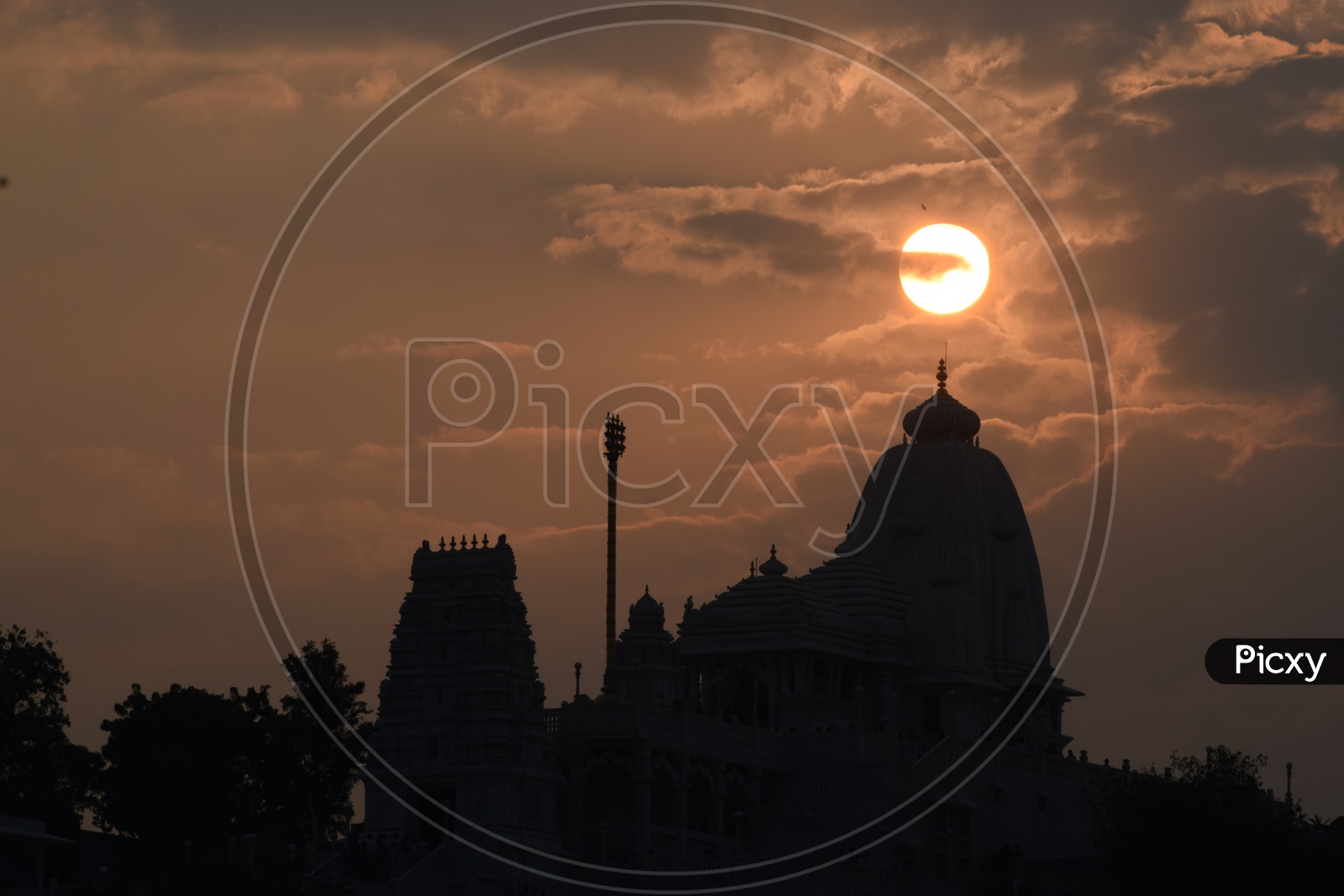 Silhouette Of Birla Mandir  temple Shrine  Over a Sunset Background