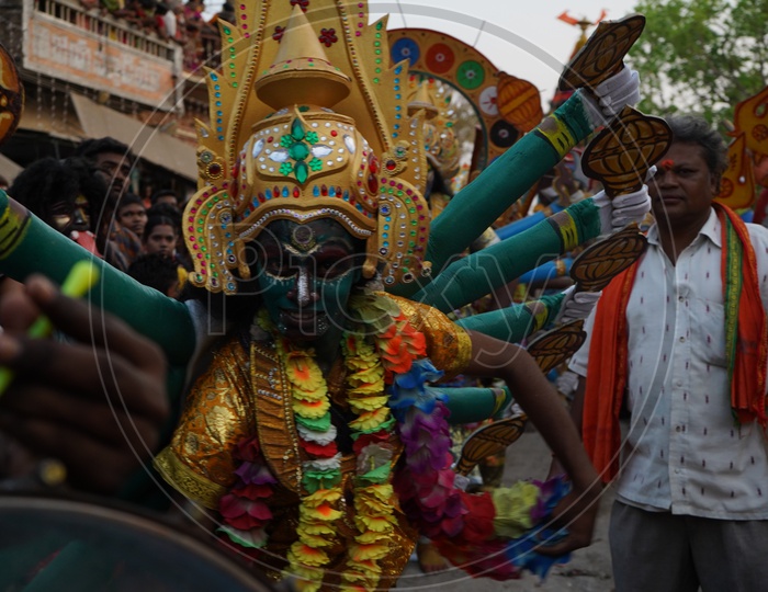 An Artist In Lakshmi Devi Makeup Dancing In the Procession Of Sri Panakala Lakshmi Narasimha Swamy Procession