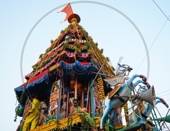 Hindu Devotees Pulling The Hindu God Sri Panakala Lakshmi Narasimha Swamy   Chariot During Procession