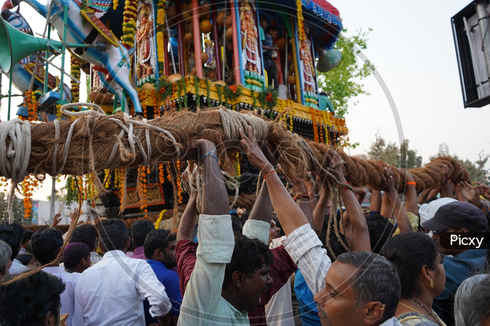 Hindu Devotees Pulling The Wooden Chariot of Sri Panakala Lakshmi Narasimha Swamy