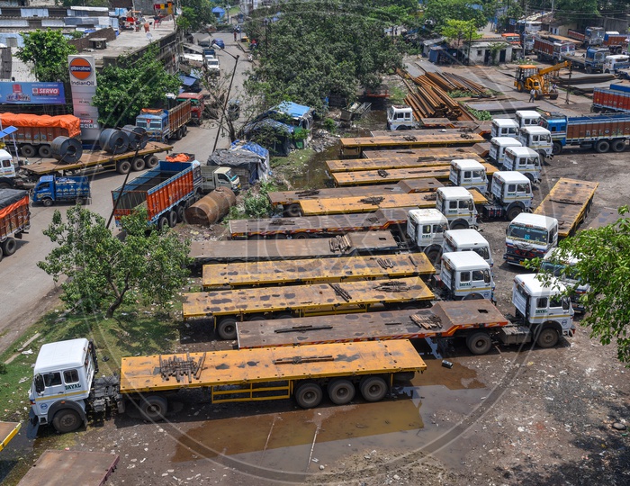 Heavy Trolly Lorries or trucks Parked in a Parking Side by Side