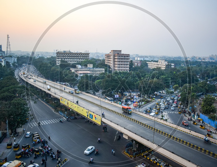 Aerial View Of  Vehicles On the Telugu Thalli Flyover  Bridge And Signal   At Tankbund