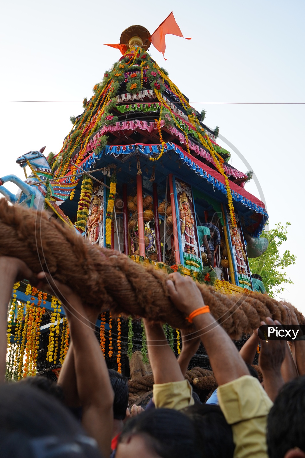 Hindu Devotees Pulling The Wooden Chariot Of Sri Panakala Lakshmi Narasimha Swamy Temple