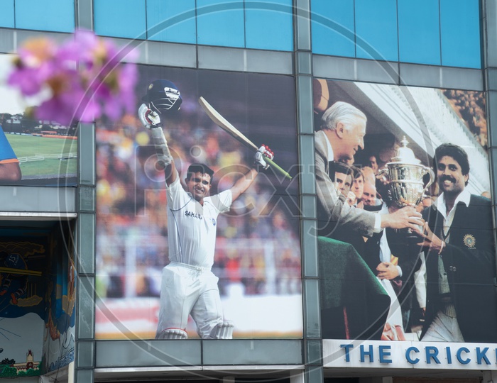 Cricket Dignitaries And Ganguly Pictures On the building Facade at Eden Gardens Cricket Stadium