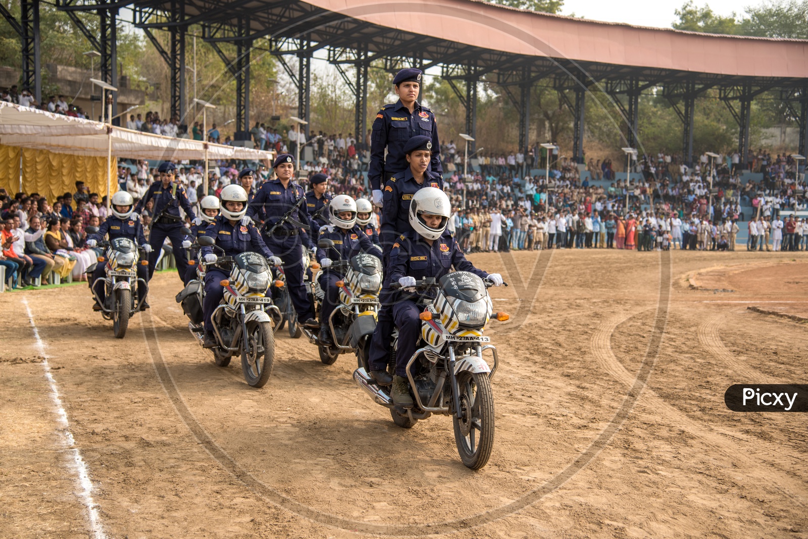 Woman Commando Cadets Doing Stunts With Bikes in Independence Day Parade