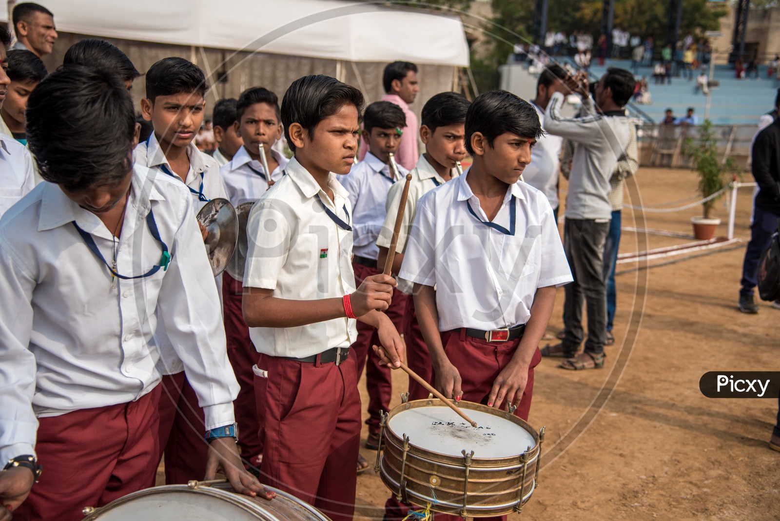 Indian School Children With School Band Drums  In an Assembly