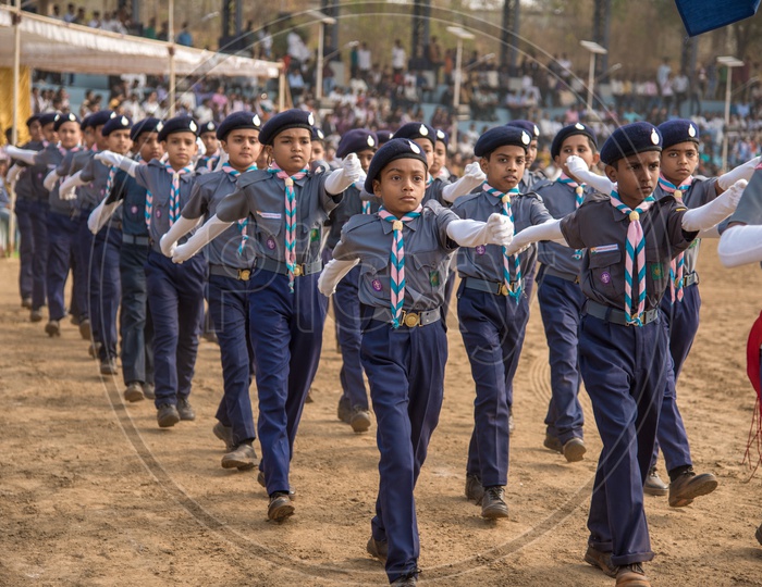 School Students Scouts Marching  in Independence Day Parade