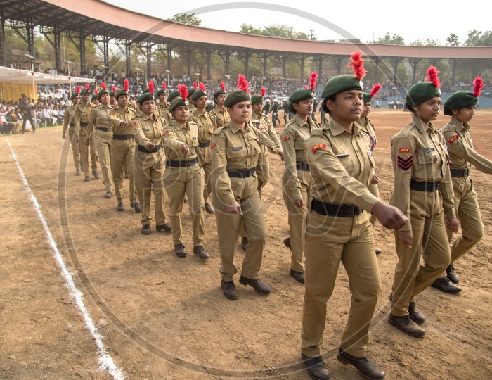 Image of School Girls In NCC Cadet Attire in Independence Day Parade
