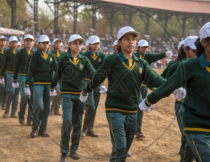 School Girl Students Marching in Independence Day Parade