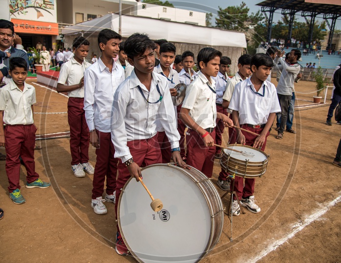 Indian School Children With School Band Drums  In an Assembly