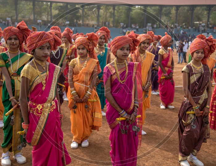 School Girls in Traditional Maratha  Attire For  Performance in  Independence Day Parade