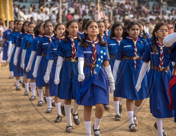 School Girl  Students Scouts Marching  in Independence Day Parade