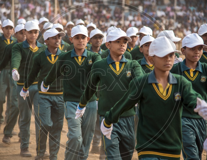 School Students Marching in Independence Day Parade