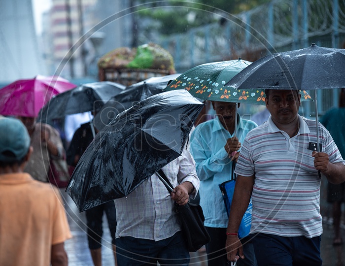 Pedestrians At Howrah Bridge   using Umbrellas  To Take  Cover From Heavy Rain  Due To Cyclone Fani   in Kolkata