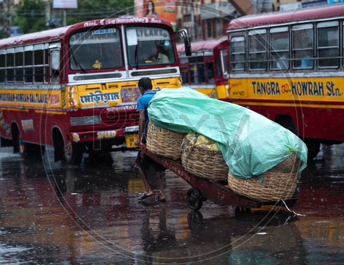 A Cart Puller  Pulling The Heavy  Cargo In His Cart in  Rain