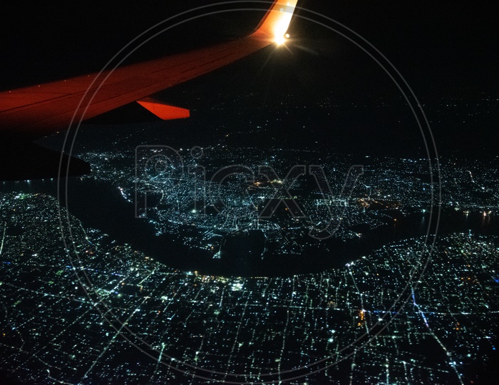 Aerial View Of City Scape Of  Kolkata  And  Kolkata  Roads In Night  Time  From a  Flight Window