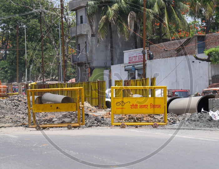 Barricades By Ranchi City Corporation  at Road Works  In Ranchi City