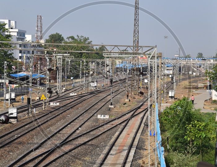 Railway Tracks and Electric poles at a Railway station Platforms in Ranchi