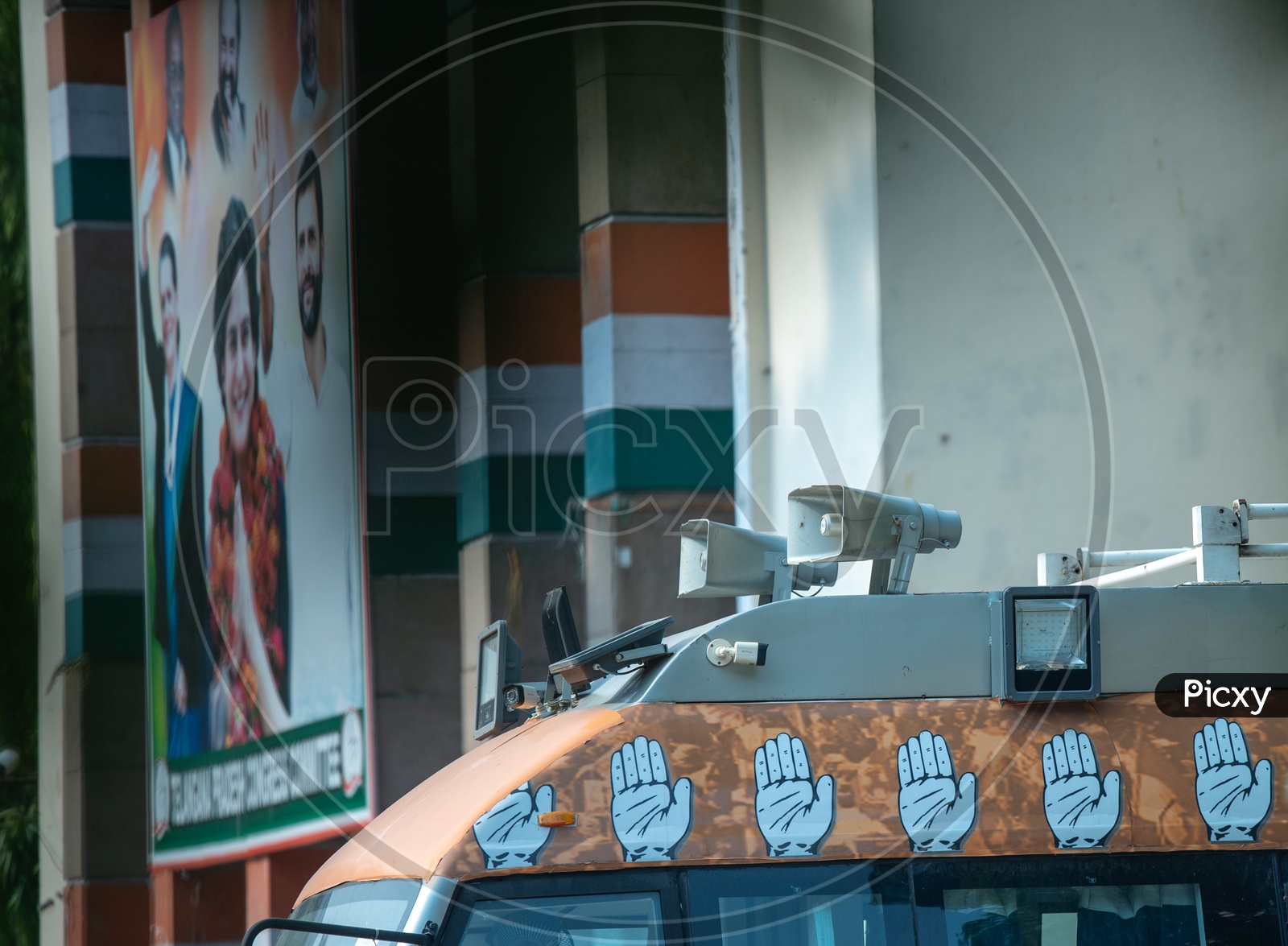 Congress  Party  Symbols  On The Party Campaign Vehicles At Gandhi Bhavan Congress Party  Office
