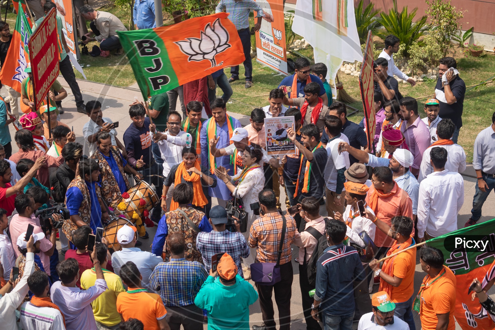 Supporters of Bhartiya Janta Party(BJP) dancing on beats of drums