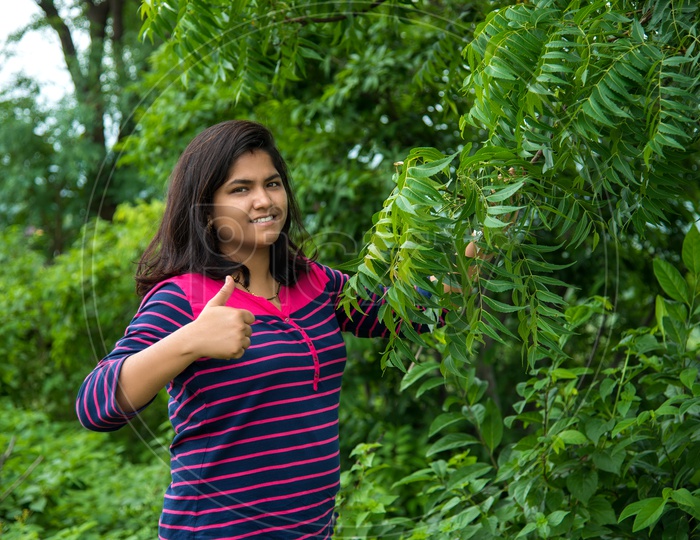 A Young Indian Woman Or Agricultural Student or Botany Student Inspecting or examining Neem Leafs or  Azadirachta  Indica   Or  Indian Lilac   Leafs On a Tree