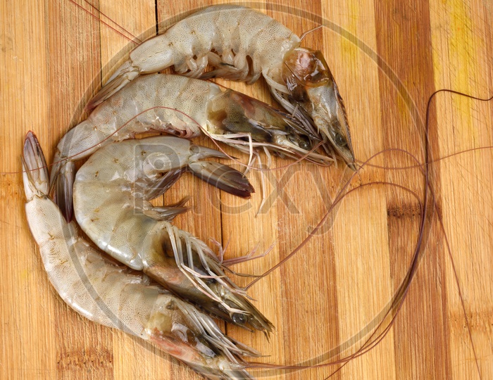 Fresh Prawn Or Shrimp  Placed On an Isolated  Wooden Table Background