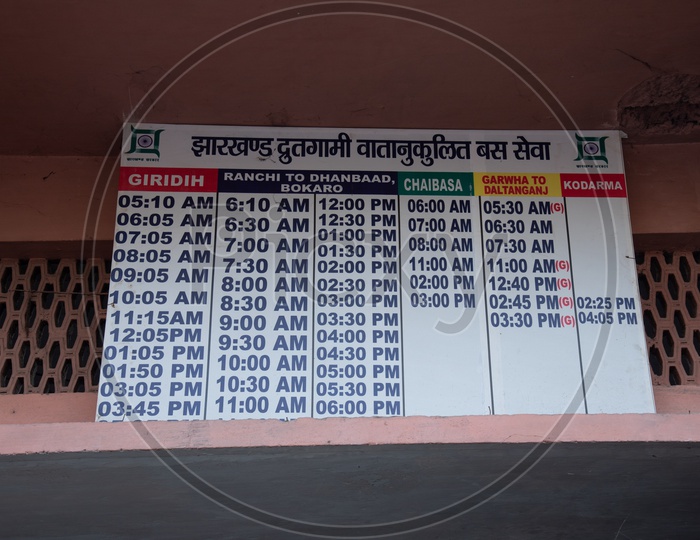 Notice Board indicating The Bus Timings  to Various  Cities  From Ranchi Bus Stand