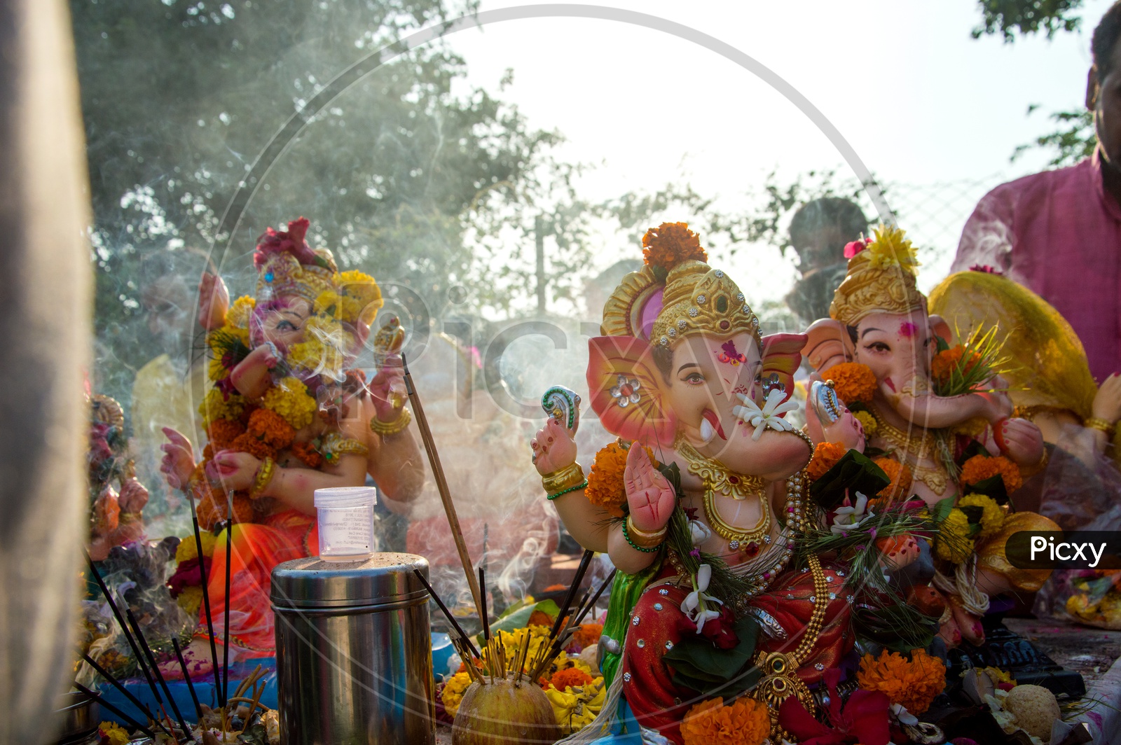 Indian Hindu Devotees Worshiping Lord Ganesh For The Last Time Before Immersion or Visarjan or Nimarjan  During The Ganesh  Chathurdhi Or  Vinayaka Chaviti Festival
