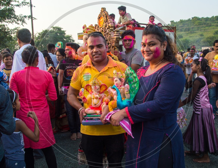 Indian Hindu Devotees Taking  Lord  Ganesh  Idols For  Visarjan Or Nimarjan  On the Occasion Of  Ganesh Chathurdhi or Vinayaka Chavithi  Festival In India