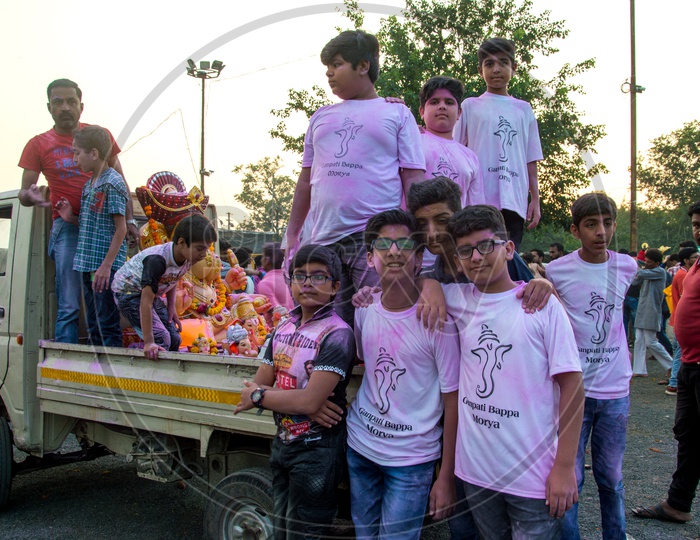 Indian Young Children During The Ganesh Nimarjan Or Visarjan Rallies